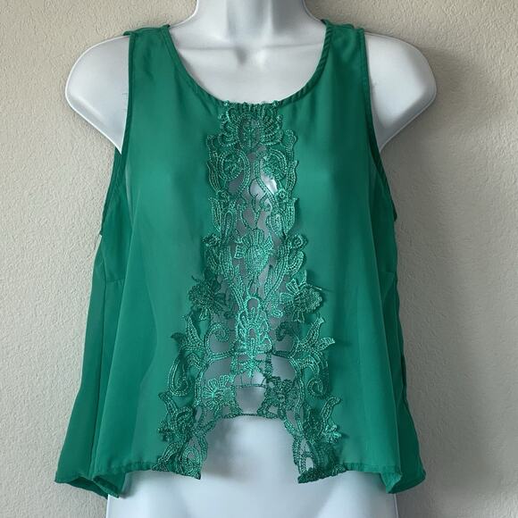 IKY Love Me Tops - IKY Love Me Kelly‎ Green Sheer Tank Front Crochet Med Festive Lightweight Boho